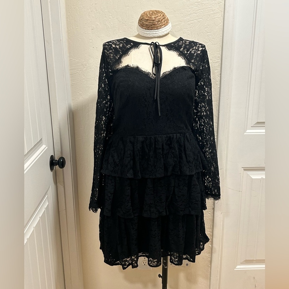 Fashion to Figure Black Lace Long-Sleeve Tiered Mini Dress with Tie Neck